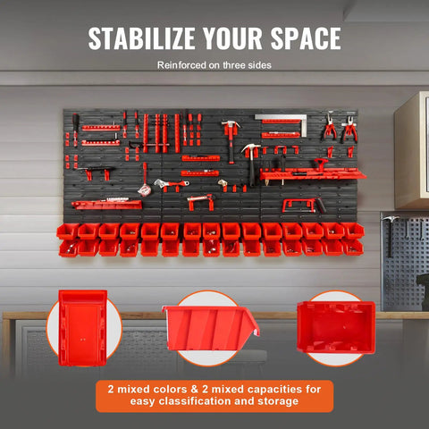 Wall Mounted 30 Bin Parts Organizer Rack With Panels, Tool Holders And Hooks in garage for nuts, bolts, and small parts
