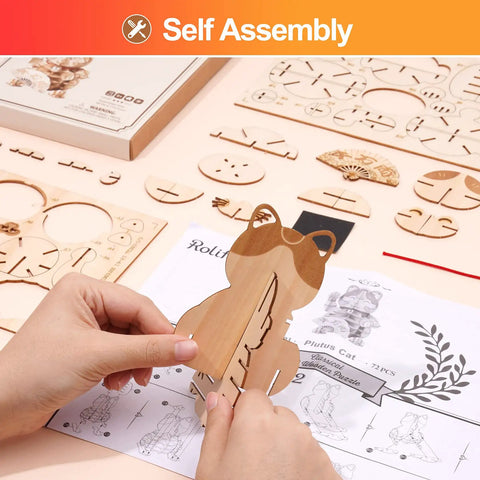 3D Wooden Puzzle Lucky Cat DIY Wood Craft Model Kit For Teens And Adults Easy To Build Fun Family Project No Brainer STEM Craft Gift Beginner Friendly Hands On Home DIY Kit, hands assembling wooden cat pieces