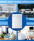 Compact Deep Chest Freezer Featuring 3.5 Cu Ft Capacity And Durable Storage Baskets White shown in kitchen, garage, apartment, and dormitory.
