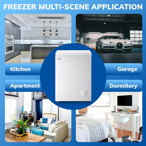 Compact Deep Chest Freezer Featuring 3.5 Cu Ft Capacity And Durable Storage Baskets White shown in kitchen, garage, apartment, and dormitory.