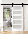 Glass Sliding Barn Door 36 By 84 Inches Five Panel Frosted Glass, Sturdy MDF Build, Installed in Bathroom, Space Saving Interior Door