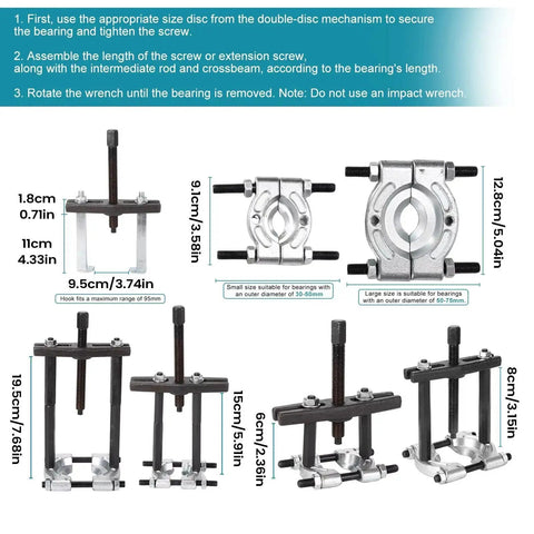 Thinking Process: 14 pc anti-slip bearing puller kit, metal double-disc chuck, size guide for 30-75mm bearings