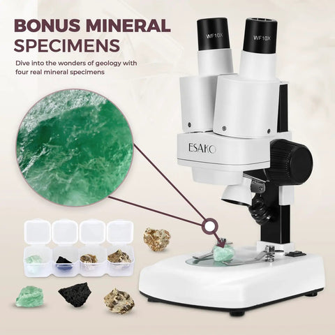 Dual LED Kids Microscope Science Kit With 52 Plus Pieces Including Mineral And Insect Specimens Prepared Slides And DIY Blank Slides Totally Great For Curious 8 To 12 Year Old Scientists, with mineral samples