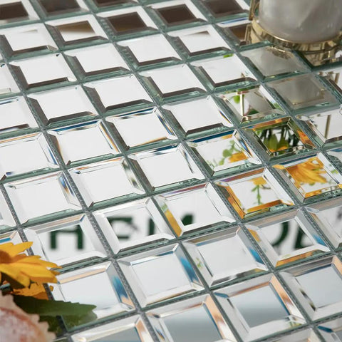 Mirror Glass Mosaic Tiles With Slick Beveled Silver Crystal Finish for Kitchen Backsplash and Bathroom DIY Projects, 2 inch tiles.