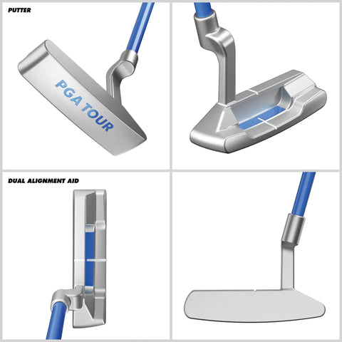 Putter from 7 Piece Junior Golf Club Set For Ages 8 To 12, Right Handed, Height 56 To 62 Inches, Blue Youth Golf Gear with alignment aid.