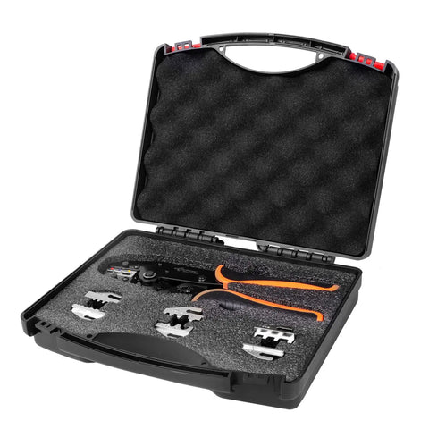 Five In One Ratchet Wire Crimping Tool Kit with Quick Change Jaws in black storage case, showcasing tool and interchangeable jaws.