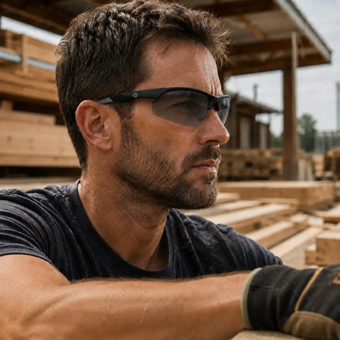 Hardcore Photochromic Safety Glasses With Slick Adaptive Lenses And Uv400 Shield For Serious Eye Protection During Cycling Diy Tasks And Outdoor Jobs Built Damn Tough For All Day Wear In Storm Gray Blue on a man working in a woodshop.
