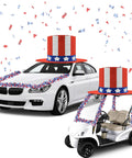 Patriotic Fourth Of July Giant Hat Golf Cart Decoration Set With Red White Blue Star Tinsel on cars with confetti background