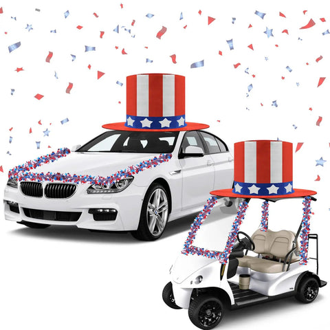 Patriotic Fourth Of July Giant Hat Golf Cart Decoration Set With Red White Blue Star Tinsel on cars with confetti background