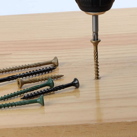 Eight By One And One Quarter Inch Heavy Duty Black Deck Screws Torx Drive With T25 Bit for outdoor wood decking and fencing installation.