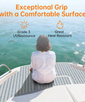 Self Adhesive EVA Foam Soft Foam Decking 6mm Grippy Non Slip Marine Decking With Teak Look Finish on a boat deck with person sitting.