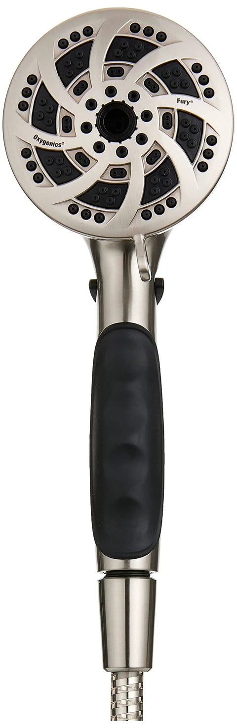 Fury RV Handheld Shower With 5 Spray Settings, Pressure-Boost Tech, rubber grip, brushed nickel finish, front view