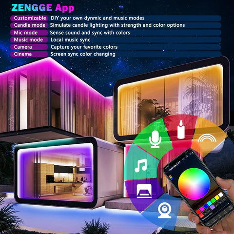 ZENGGE app interface with vibrant colored lights on a modern exterior, highlighting RGB LED strip functions and modes.