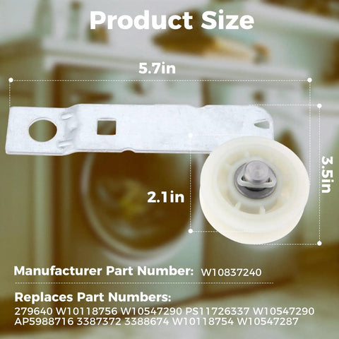 Durable Dryer Idler Pulley With Bracket Replacement Part For Whirlpool And Kenmore, size dimensions shown, heavy duty design.
