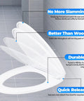 Elongated Toilet Seat Slow Close White Built To Last Heavy Duty With Non Slip Bumpers Easy To Install And Clean PP Material Replacement Fits All Toilet Brands Universal For Elongated Toilets, showing slow-close feature and durability notes.