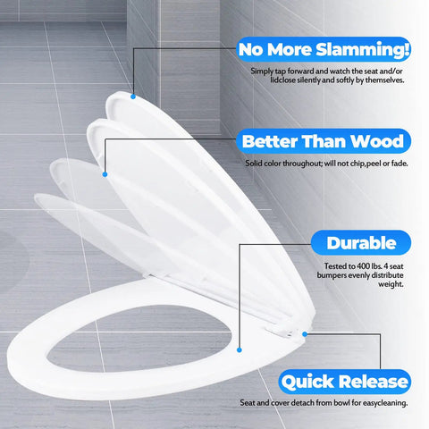 Elongated Toilet Seat Slow Close White Built To Last Heavy Duty With Non Slip Bumpers Easy To Install And Clean PP Material Replacement Fits All Toilet Brands Universal For Elongated Toilets, showing slow-close feature and durability notes.