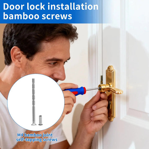 Man installing a door lock using Totally Legit Heavy Duty M4x60mm Adjustable Cabinet Knob Screws With Sleeves Sleek Nickel Steel.