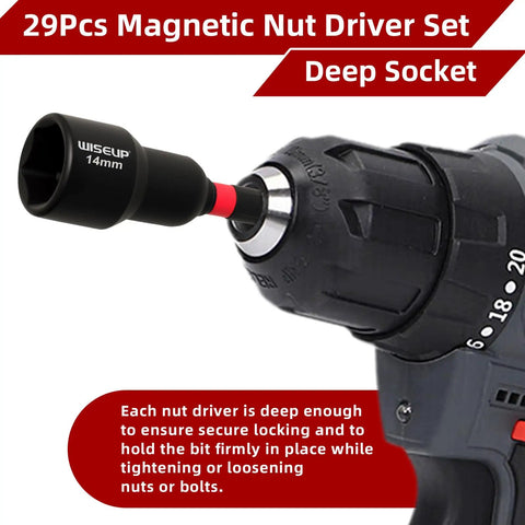 Beast Pro Grade Heavy Duty 29 Piece Magnetic Nut Driver Set with drill and deep socket attachment close-up.