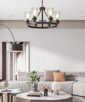 Farmhouse Round 6-Light Chandelier In Oil Rubbed Bronze With Glass Shade hanging in modern living room interior