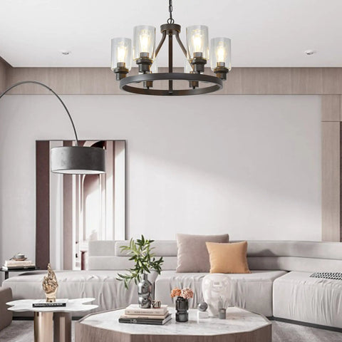 Farmhouse Round 6-Light Chandelier In Oil Rubbed Bronze With Glass Shade hanging in modern living room interior