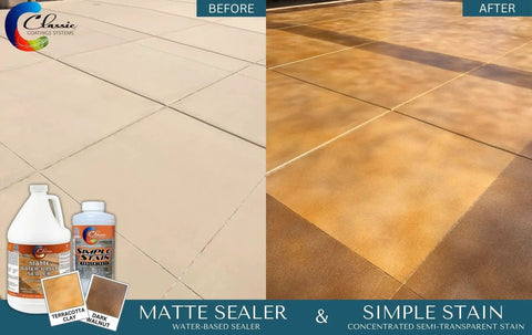 Top Shelf Water Based Concrete Sealer Matte Finish on fresh stained patios, showing before and after appearance.