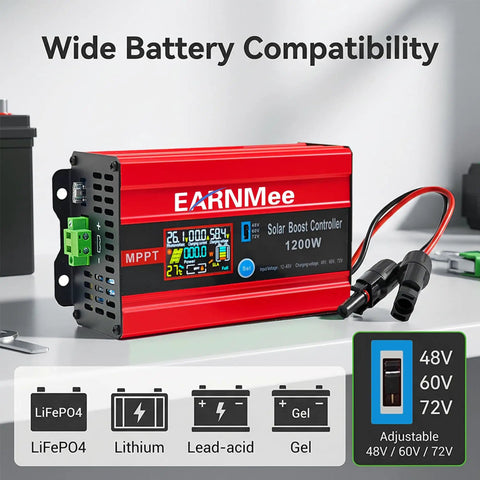 Beefy High Efficiency MPPT Solar Charge Controller 1200W 72V 60V 48V with LCD display and broad battery compatibility
