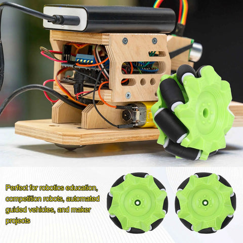Green mecanum wheel set for robot cars on a wooden chassis