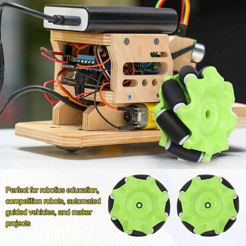 Mecanum Wheels Set For Smart Robot Cars And DIY Models, 58mm 2.28in Omnidirectional ABS Rubber Wheels attached on a wooden model
