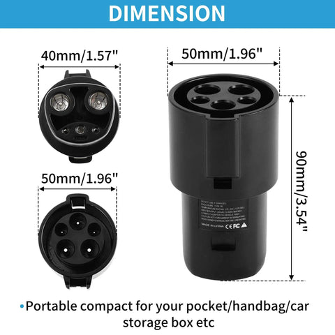 Smooth Operator J1772 To Tesla Charging Adapter 80 Amp 240 Volt Ac Converter dimensions showing compact design and port details.