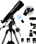102mm Refractor Telescope For Beginners With Equatorial Mount Ideal For Adults And Kids Ages 8 To 12 High Clarity Optics Includes Phone Adapter And Wireless Remote Easy Setup For Home Stargazing And Astronomy Education shown with accessories.