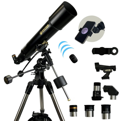 102mm Refractor Telescope For Beginners With Equatorial Mount Ideal For Adults And Kids Ages 8 To 12 High Clarity Optics Includes Phone Adapter And Wireless Remote Easy Setup For Home Stargazing And Astronomy Education shown with accessories.