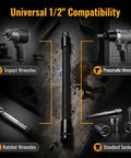 One Half Inch Flexible Shaft Extension With Universal Wrench Adapter Set 10 Inch And 14 Inch Heavy Duty compatible with impact and ratchet wrenches.