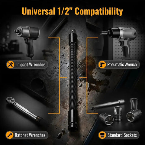 One Half Inch Flexible Shaft Extension With Universal Wrench Adapter Set 10 Inch And 14 Inch Heavy Duty compatible with impact and ratchet wrenches.