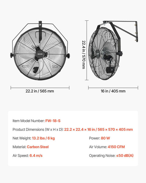 Heavy Duty 18 Inch Wall Mount Fan With IP44 Protection, 3 Speed Settings, Long Airflow Distance Up To 29.5 Feet, Adjustable Oscillation.