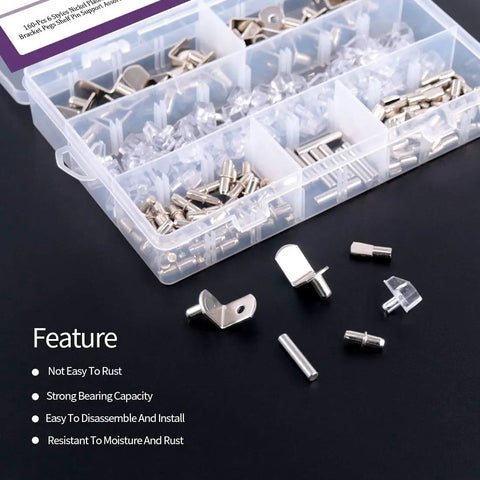 Six Styles Shelf Pins Set With 160 Pieces Nickel Plated Cabinet Pins For 5mm And 6mm Shelf Holes shown in plastic organizer box
