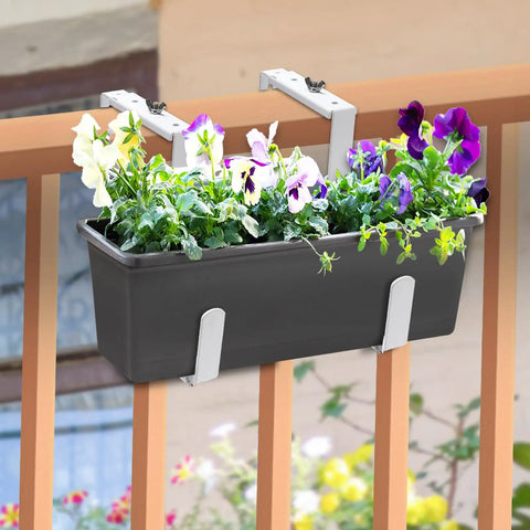 Adjustable Planter Box Bracket Set For Decks And Fences, Heavy Duty Flower Box Holders With Window Box Hooks, installed on balcony