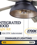 Brightondale 52 Inch Industrial Style Indoor Outdoor LED Ceiling Fan with Light showing integrated hood and pull chain