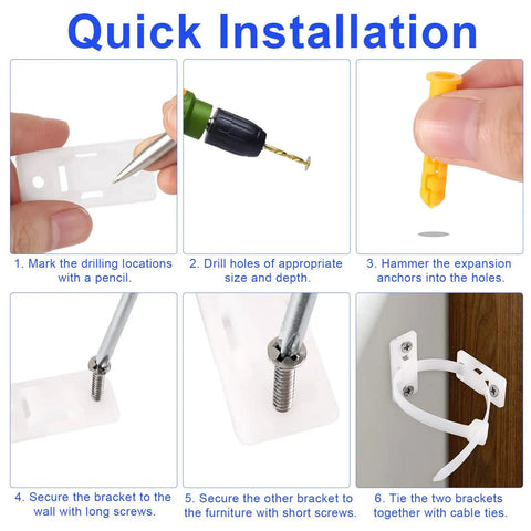 Quick installation steps for Tough As Nails Anti Tip Furniture Anchors Kit with nylon straps for secure mounting.