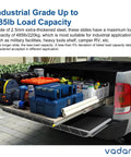 Rock Solid 60 Inch Heavy Duty Drawer Slides With Security Lock Industrial Grade Full Extension Tool Cabinet Slides Built Tough For High Load Pickup Trucks Runs Smooth As Silk, showing a fully extended slide with tools organized.