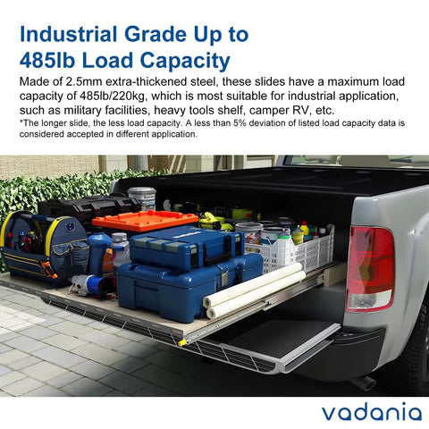 Rock Solid 60 Inch Heavy Duty Drawer Slides With Security Lock Industrial Grade Full Extension Tool Cabinet Slides Built Tough For High Load Pickup Trucks Runs Smooth As Silk, showing a fully extended slide with tools organized.