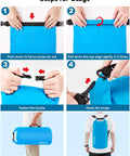 Instruction steps for using Waterproof Dry Bag Roll Top 5L Blue For Travel And Outdoor Adventures with images of rolling and securing bag.