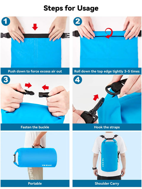 Instruction steps for using Waterproof Dry Bag Roll Top 5L Blue For Travel And Outdoor Adventures with images of rolling and securing bag.