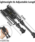 6 To 9 Inch Picatinny Bipod with Adjustable Five Setting Legs and Spring Return, shown extended to 9 inches, black anodized finish