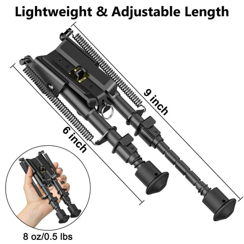 6 To 9 Inch Picatinny Bipod with Adjustable Five Setting Legs and Spring Return, shown extended to 9 inches, black anodized finish