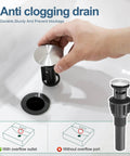 4 Inch Brushed Nickel Centerset Bathroom Faucet With Pop Up Drain, hand showing anti-clogging feature, stainless steel build