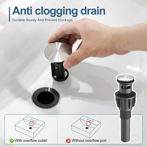 4 Inch Brushed Nickel Centerset Bathroom Faucet With Pop Up Drain, hand showing anti-clogging feature, stainless steel build