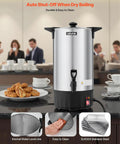 Big-Batch Coffee Urn 60 Cup 9 Liter Hot Beverage Dispenser With Dripless Faucet Fast Brew Stainless Steel Large Coffee Maker for Catering Parties Offices Churches And Restaurants, displayed on counter in social setting.