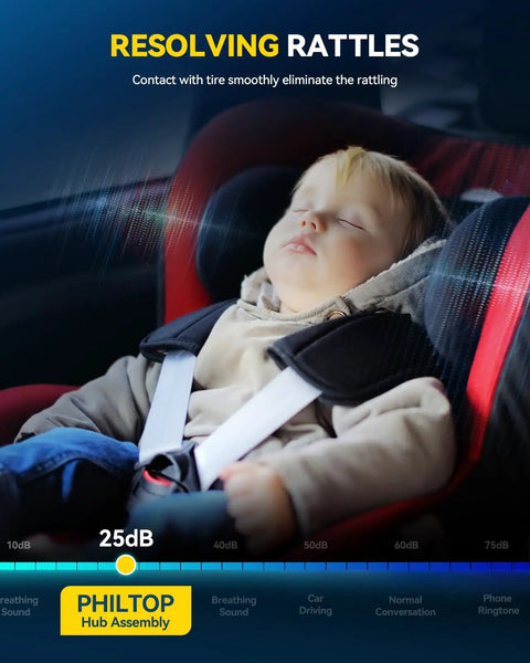 Child sleeping in car seat, noise level display, PHILTOP hub assembly, illustrating smooth ride with Front And Rear Wheel Hub Assembly 2pcs Direct Fit.
