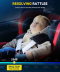 Sleeping child in car seat with text highlighting quieter ride benefits of PHILTOP hub assembly