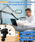 12X Ultra Long 3-Section Swing Arm Lighted Magnifying Glass With Stand in use on desk, featuring large lens and metal clip.